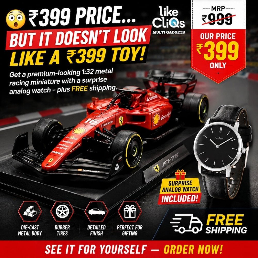 Premium 1:32 F1 Orange Metal Miniature Racing Cars + FREE Surprise Analog Watch