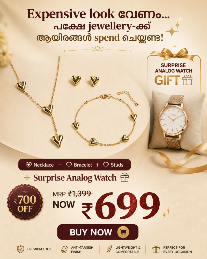 Stunning Anti-Tarnish Heart Jewellery Combo Set with SURPRISE Watch Gift