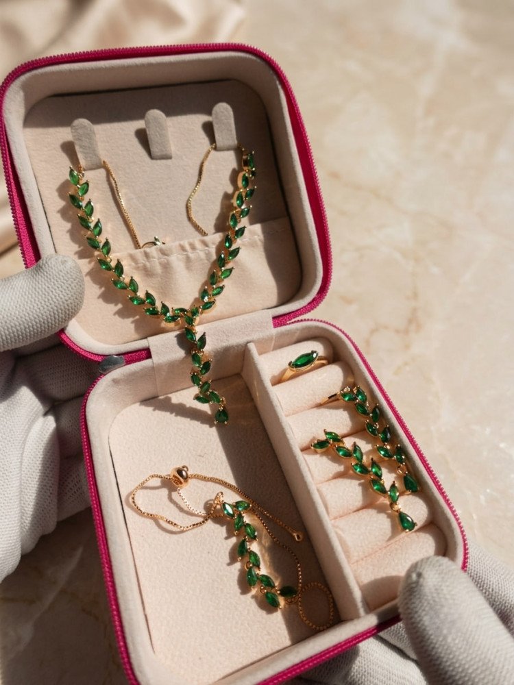 Royal Emerald Anti-Tarnish Jewellery Set Combo + FREE Surprise Analog Watch