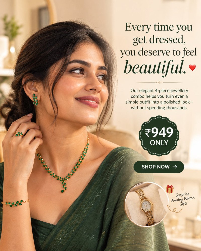 Royal Emerald Anti-Tarnish Jewellery Set Combo + FREE Surprise Analog Watch
