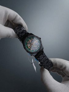 Premium Rick Skeleton Dial Watch with Black Metal Chain & Emerald Accent