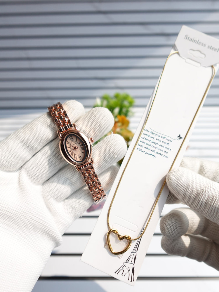 Rose Gold Charm: Bubble Time Oval Watch & Anti-Tarnish Necklace Combo