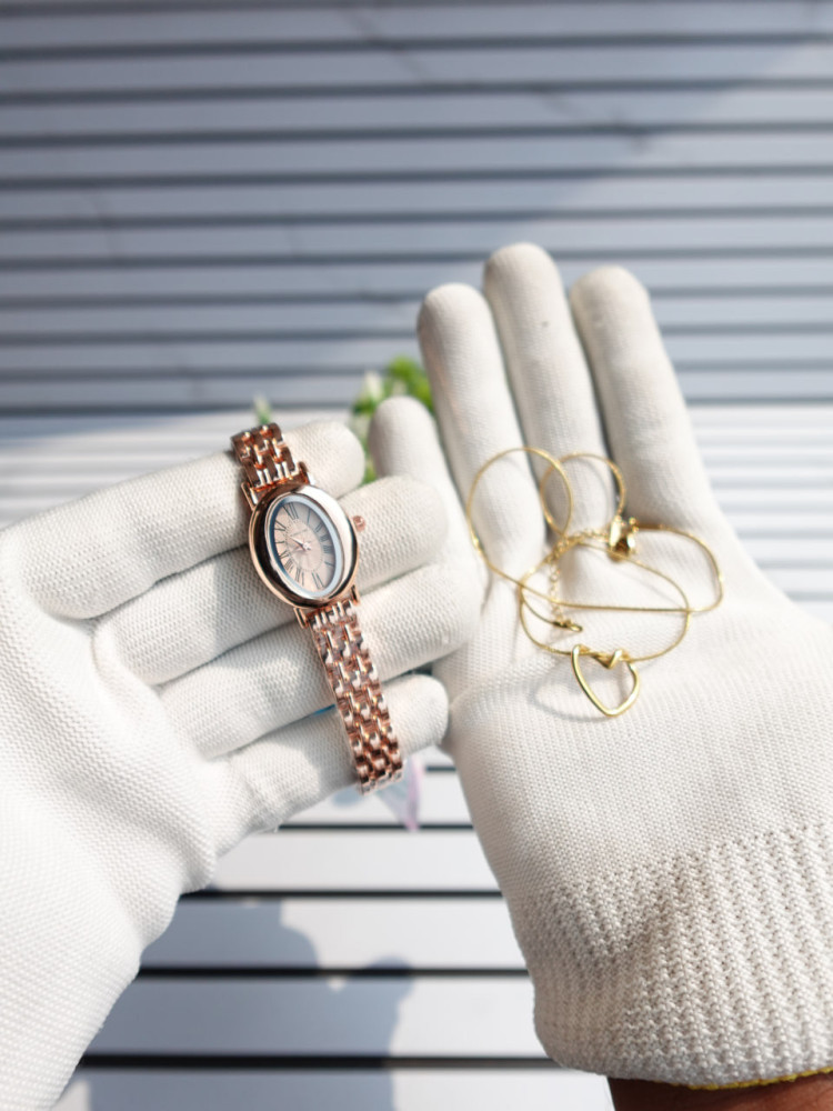 Rose Gold Charm: Bubble Time Oval Watch & Anti-Tarnish Necklace Combo