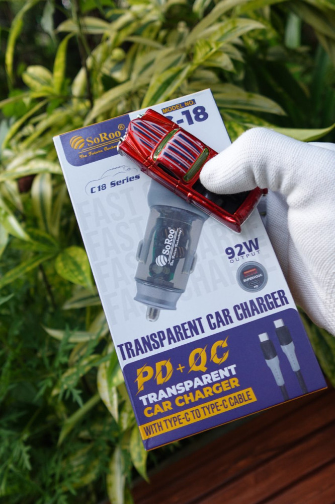 SoRoo 92W PD+QC Transparent Car Charger - With Type-C Cable and Free Miniature Car